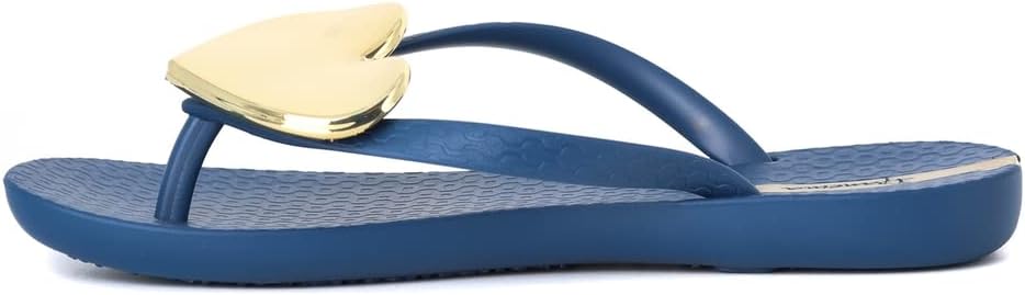 ipanema womens wave heart flip flop - comfortable stylish summer sandal with metallic heart embellishment anatomic footbed non-slip sole navy and gold size 8 clothing shoes jewelry