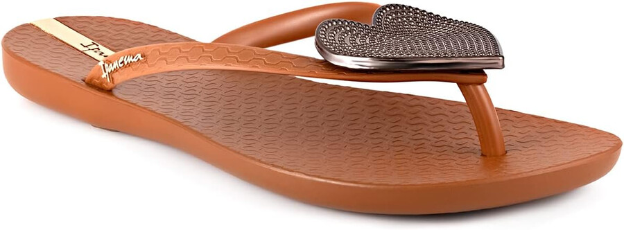 ipanema womens wave heart flip flop - comfortable stylish summer sandal with metallic heart embellishment anatomic footbed non-slip sole brown and bronze size 5 flip-flops