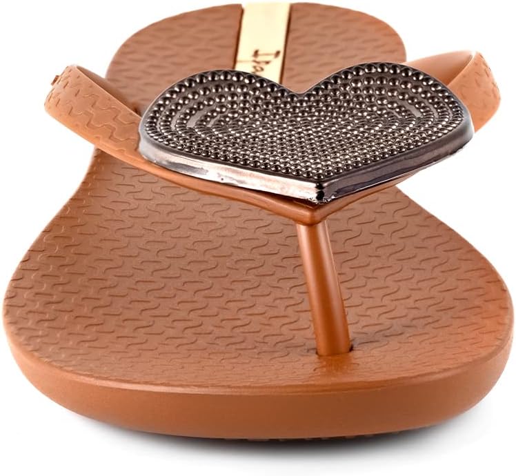 ipanema womens wave heart flip flop - comfortable stylish summer sandal with metallic heart embellishment anatomic footbed non-slip sole brown and bronze size 5 flip-flops