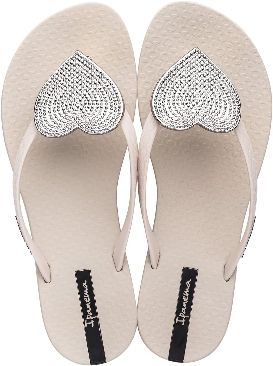ipanema womens wave heart flip flop - comfortable stylish summer sandal with metallic heart embellishment anatomic footbed non-slip sole beige and silver size 5 flip-flops