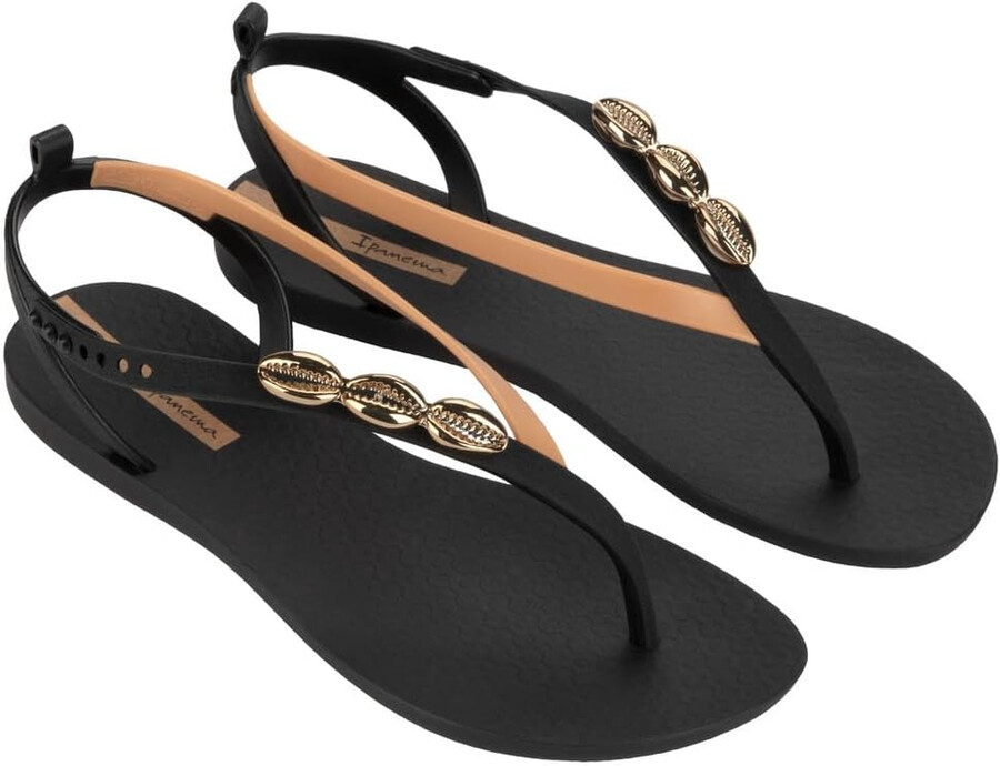 ipanema salty ii womens sandals - dressy sandals for women beach sandals wsea shell t-strap thong sandals flat sandals comfy summer dress sandals adjustable strap blackbeigebronze size 6 flip-flops